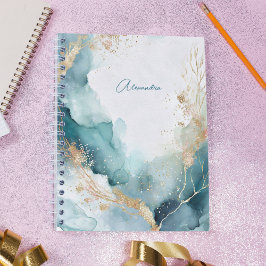 Caderno Espiral Nome Personalizado de Cor de Água Dourada de Teal