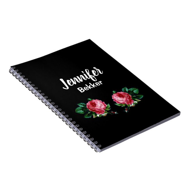 Caderno Espiral Nome personalizado de flor rosa-vírgula preto (Lado Direito)