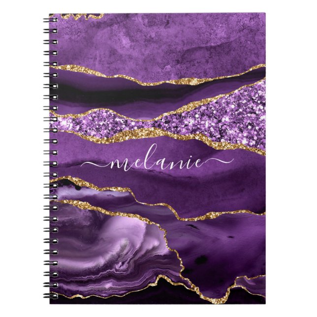 Caderno Espiral Nome Personalizado de Geodo Glitter Dourado Violet (Frente)