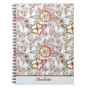Caderno Espiral Nome personalizado de laranja uniforme floral
