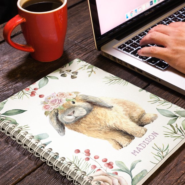 Caderno Espiral Nome Personalizado do Coelho Floral de Coelho de W (Criador carregado)