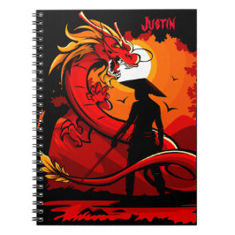 Caderno Espiral Nome Personalizado do Dragão Vermelho Chinês