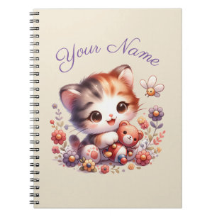 Caderno Espiral Nome Personalizado do Kitten Reproduzindo Aquarela