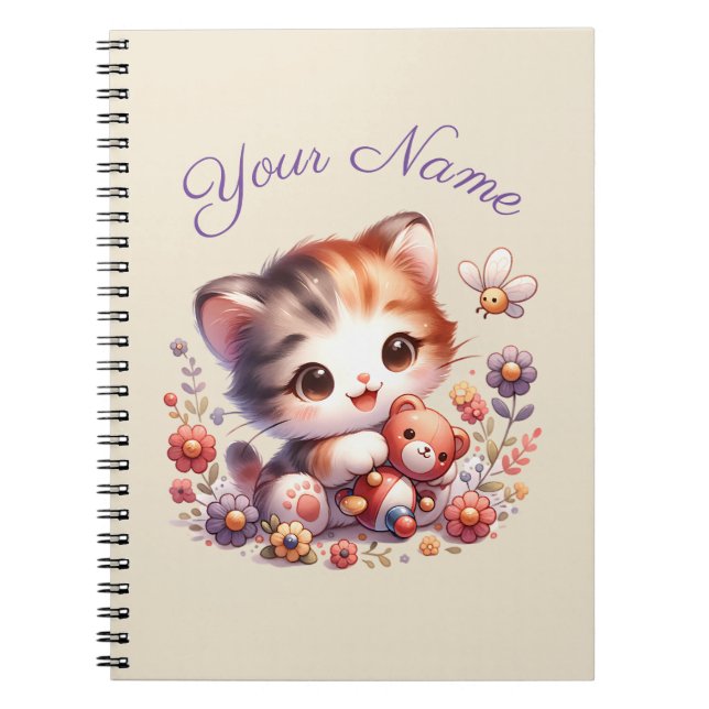 Caderno Espiral Nome Personalizado do Kitten Reproduzindo Aquarela (Frente)
