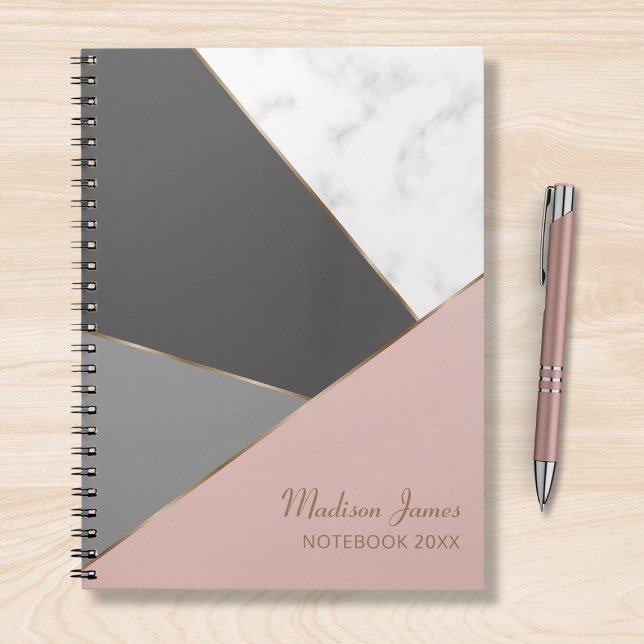 Caderno Espiral Nome Personalizado do Mármaco Cinzento Rosa Modern (Criador carregado)