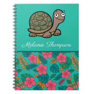 Caderno Espiral Nome Personalizado do Padrão Floral Funny Tortoise