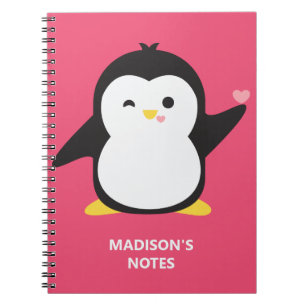 Caderno Espiral Nome personalizado e pinguim fofo colorido