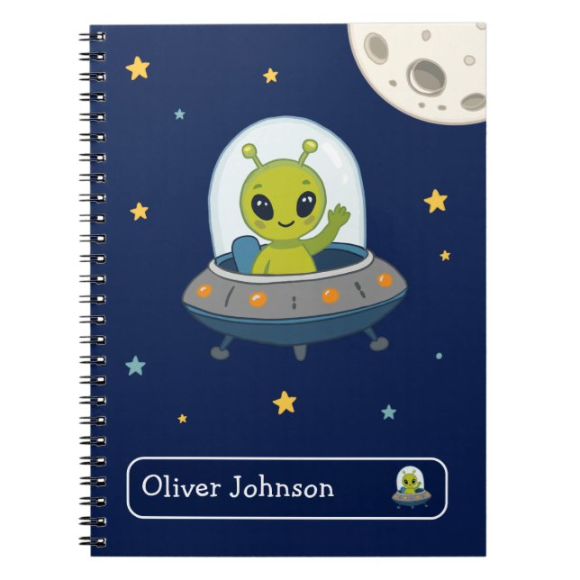Caderno Espiral Nome Personalizado Escola Espaço Lua Alien Fofo (Frente)