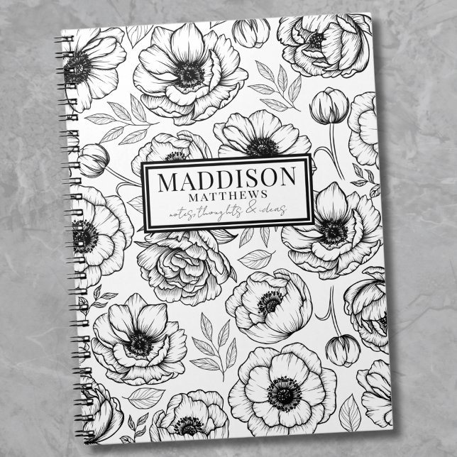 Caderno Espiral Nome Personalizado Floral Branco na moda Preto (Stylish Black White Personalized Name notebook)