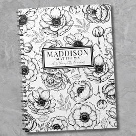 Caderno Espiral Nome Personalizado Floral Preto Branco Elegante