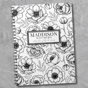 Caderno Espiral Nome Personalizado Floral Preto Branco Elegante