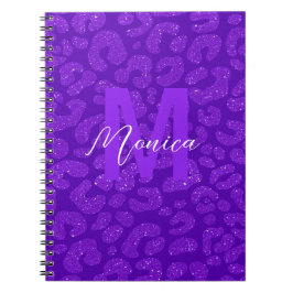 Caderno Espiral Nome Personalizado Glitter Roxo Leopardo Elegante