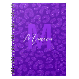 Caderno Espiral Nome Personalizado Glitter Roxo Leopardo Elegante