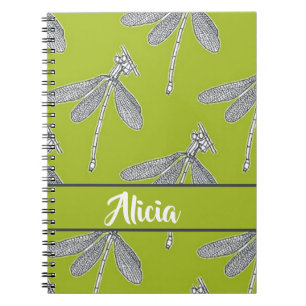 Caderno Espiral Nome personalizado libélula em verde