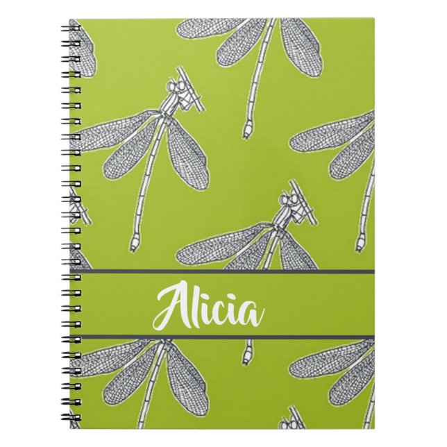 Caderno Espiral Nome personalizado libélula em verde (Frente)
