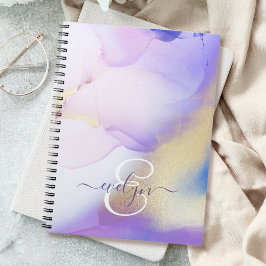 Caderno Espiral Nome Personalizado Monograma Cor de Água Púrpura L