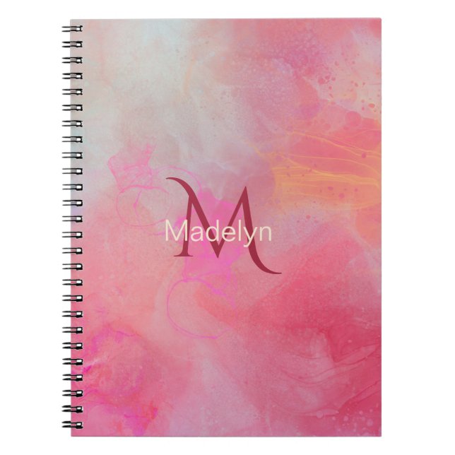 Caderno Espiral Nome Personalizado + Monograma Rosa Tinta de Aquar (Frente)