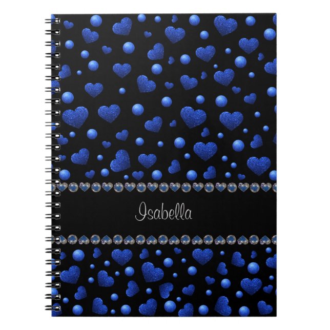 Caderno Espiral Nome personalizado, padrão de brilho cardíaco azul (Frente)