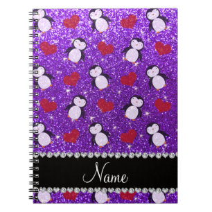 Caderno Espiral Nome personalizado pinguins pinguins púrpura