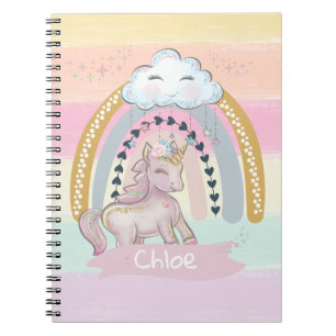 Caderno Espiral Nome Personalizado 🦄 Rainbow Unicorn Girl