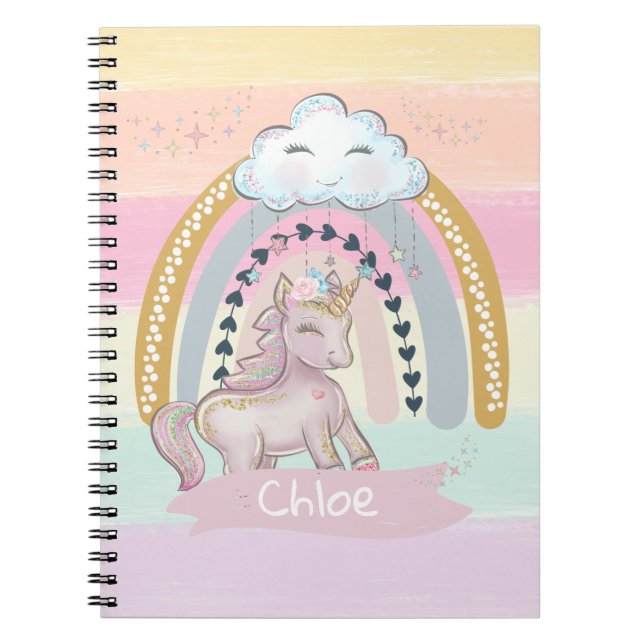 Caderno Espiral Nome Personalizado 🦄 Rainbow Unicorn Girl (Frente)