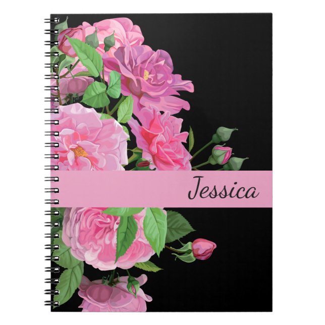 Caderno Espiral Nome Personalizado Rosas Rosa-Notebook (Frente)