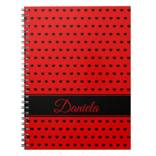 Caderno Espiral Nome Personalizado - Vermelho com Corações Preto