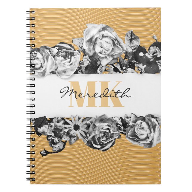 Caderno Espiral Nome Personalizável Rosas Dourados Monograma de Qu (Frente)