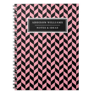 Caderno Espiral Nome Único Pink Black Herringbone Padrão