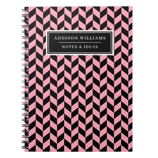 Caderno Espiral Nome Único Pink Black Herringbone Padrão (Frente)