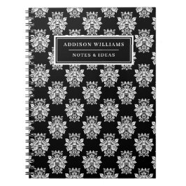 Caderno Espiral Nome Único Preto Branco - Damasco Floral Personali