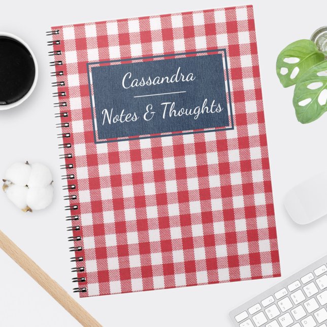 Caderno Espiral Nome, Vermelho e Branco Gingham Cheque Azul Denim (Criador carregado)