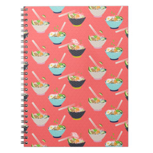 Caderno Espiral Noodle Bowl com Tofu, Limão e Chopsticks Coral