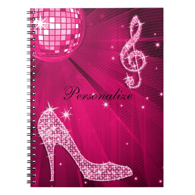 Caderno Espiral Nota da música do rosa quente & salto de estilete (Frente)