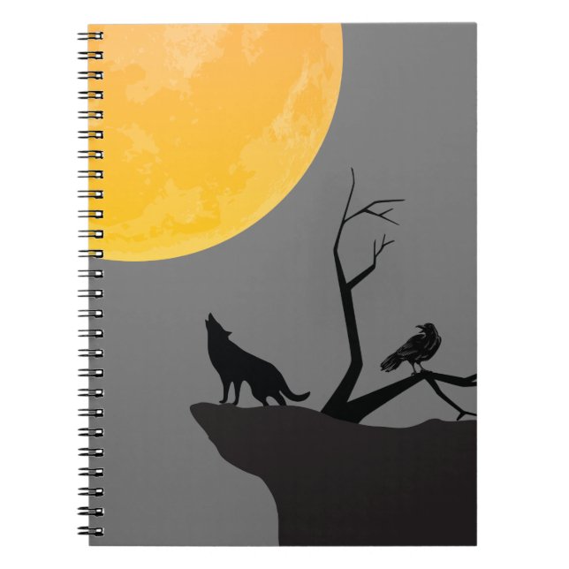 Caderno Espiral Notas da cinza Moon Wolf Raven (Frente)