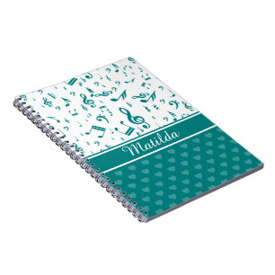 Caderno Espiral Notas de Música e Corações Padrões Teal e Branco