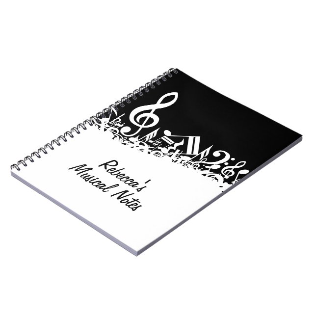 Caderno Espiral Notas Musicais Brancas Personalizadas em Preto (Left Side)