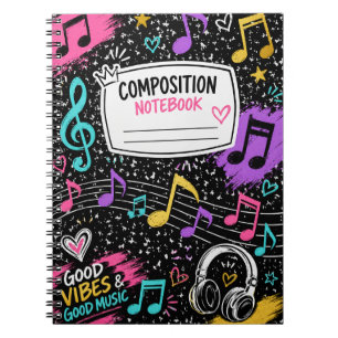 Caderno Espiral Notas Musicais Coloridas & Composição de Boas Vibr