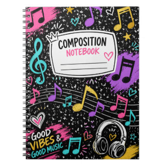 Caderno Espiral Notas Musicais Coloridas & Composição de Boas Vibr