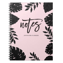 Caderno Espiral Notas tropicais cor-de-rosa e preto