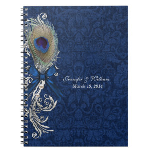 Caderno Espiral Notebook Azul Damask and Peacock Feather