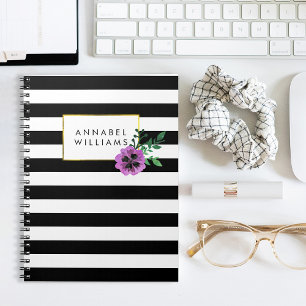 Caderno Espiral Notebook Black Stripe & Purple Pansy