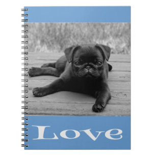 Caderno Espiral Notebook Black & White Pug Puppy Dog Blue Love