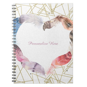 Caderno Espiral Notebook Boho Chic Feather Heart Glam Modern