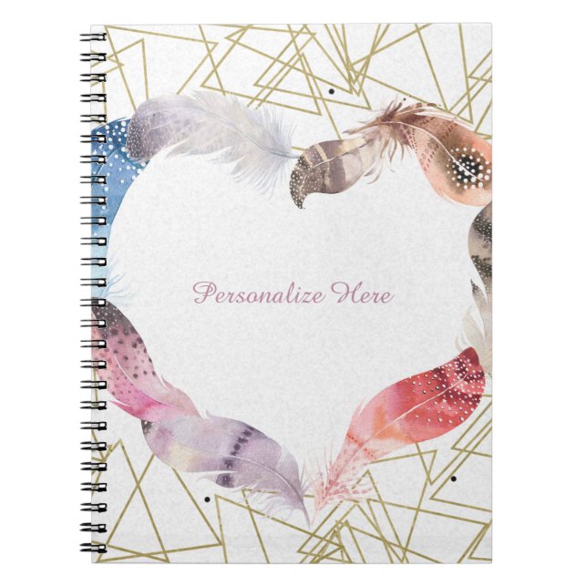 Caderno Espiral Notebook Boho Chic Feather Heart Glam Modern (Frente)