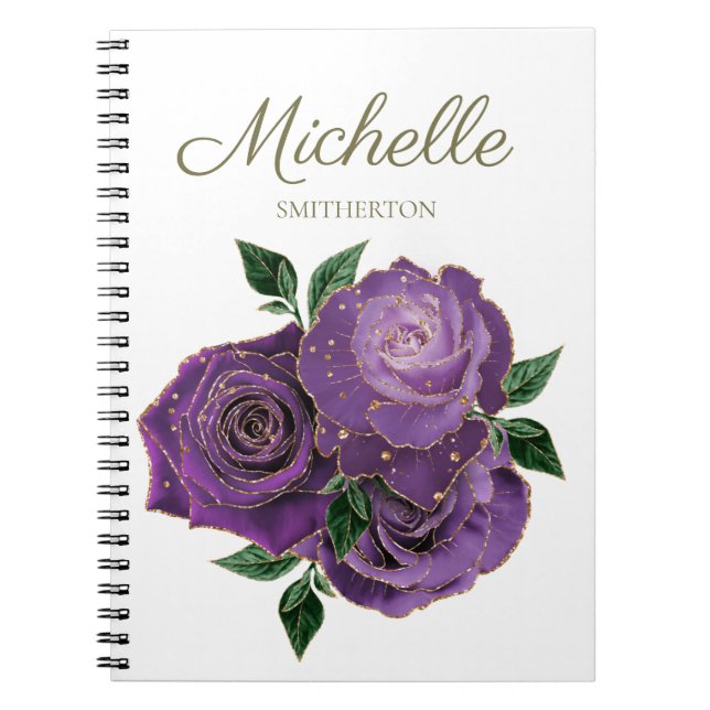 Caderno Espiral Notebook branco com flores Douradas roxas (Frente)