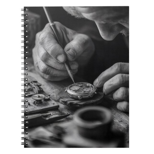 Caderno Espiral Notebook branco preto com mãos precisas (Frente)