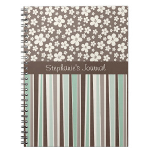 Caderno Espiral Notebook Brown Flowers and Stripes Personalizado