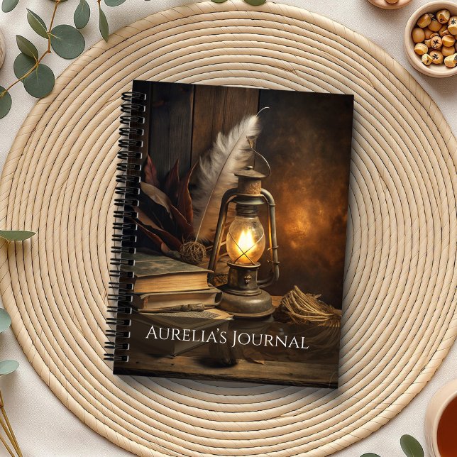 Caderno Espiral Notebook Candlelit Spellbook - Diário Cozy Witch (Candlelit Spellbook Notebook – Cozy Witch Journal on a boho table with botanicals and a cup of tea)