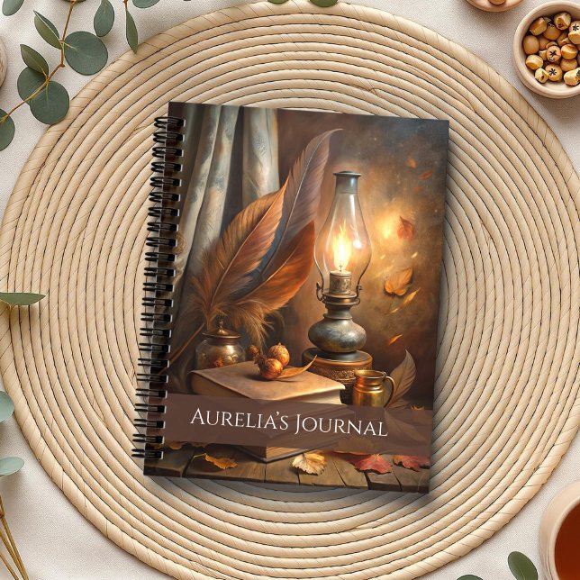 Caderno Espiral Notebook Candlelit Spellbook - Diário Cozy Witch (Candlelit Spellbook Notebook – Cozy Witch Journal on a boho table with herbs and a cup of tea.)